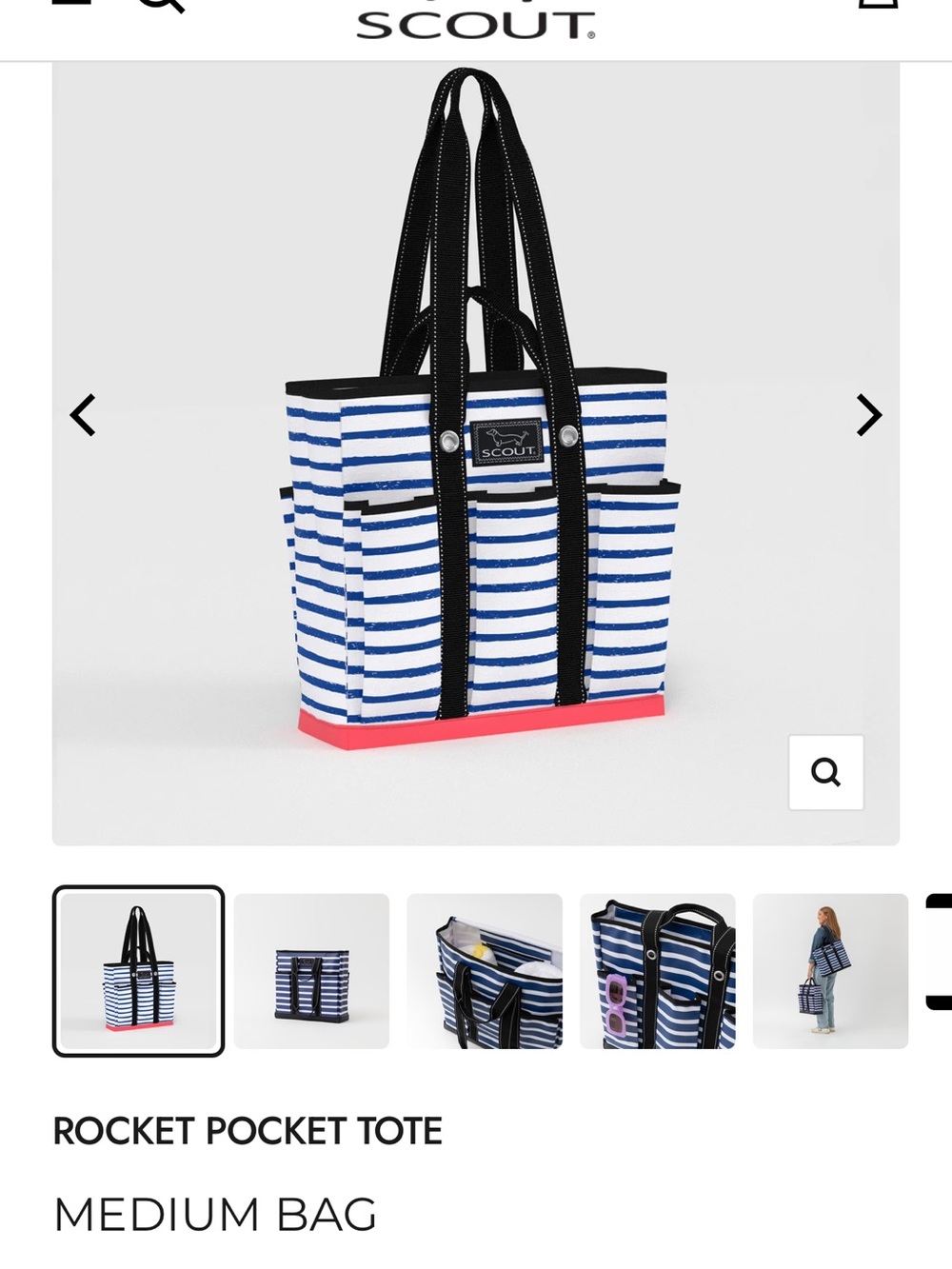 SCOUT Rocket Pocket Tote - Blue and White Stripe with Coral Base